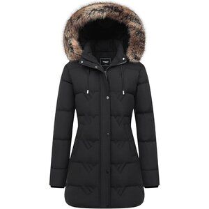 "Women's Black Waterproof Winter Coat, Long Insulated Parka with Detachable Hood